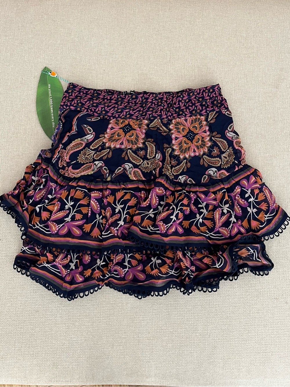 FARM Rio Cotton Navy Floral Tiered Mini Skirt with Pink & Orange Accents